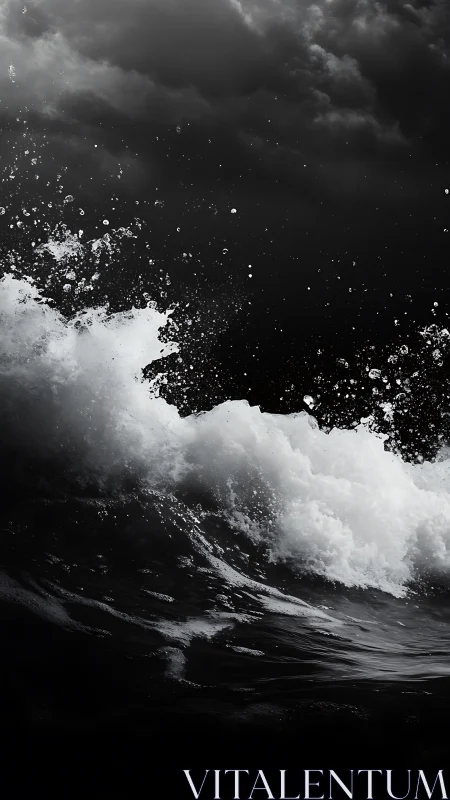 Dark stormy wave crashing under heavy dramatic clouds.