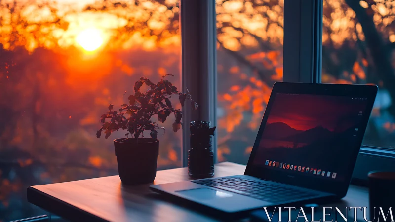 Laptop and potted plant sit on desk before sunset window