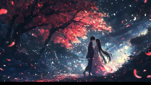 Romantic couple standing under vivid red autumn trees.