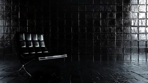 Specular black lounge chair against glossy tiled void wall.