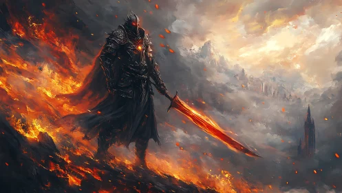 Fire-forged dark knight striding through a storm of embers.