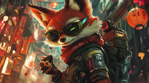 Cyberpunk fox mercenary strides through neon alleyway