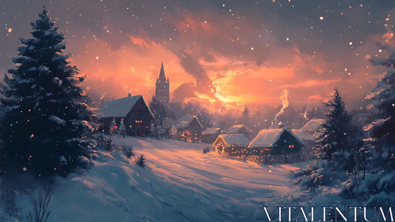 Snowy village at sunset with warm glowing cabin lights.