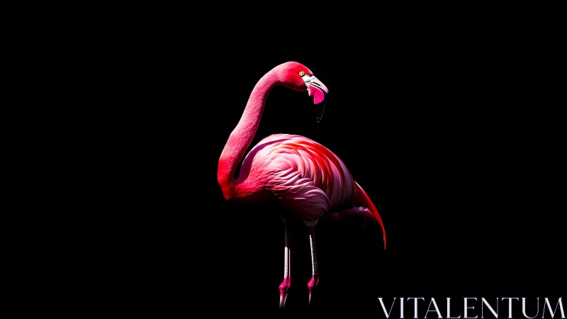 Neon flamingo stands in dramatic light against pure black