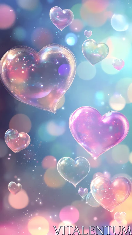 Luminous Glass Hearts Floating in Prismatic Bokeh Environment.