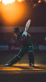 Cricketer drives the ball in dramatic sunset backlight.