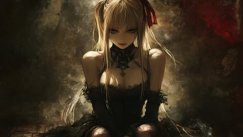 Gothic anime girl sits in shadowed light, gaze intense and still.