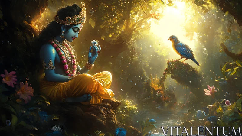 Blue-skinned figure sits in glowing forest clearing with bird