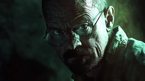 Brooding portrait bathed in moody green light and shadow.