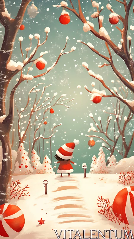 Child in red winter outfit standing in snowy forest path.