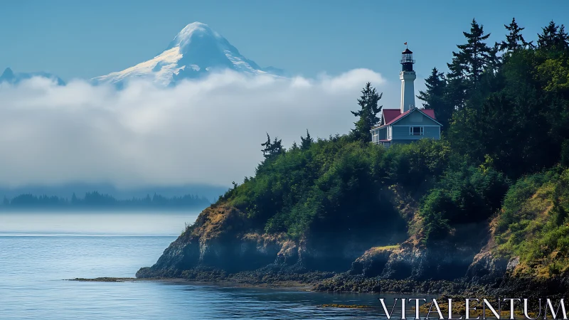 Sentinel Lighthouse: Where Snow-Crowned Mountains Kiss Misty Waters.