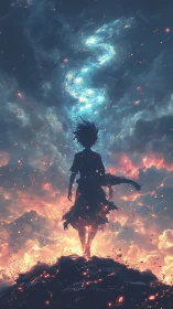 Silhouetted figure on fiery ridge beneath spiral nebula sky.