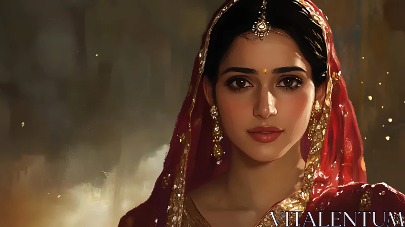 Emberlit bride gazes forward, wrapped in ruby silk dreams