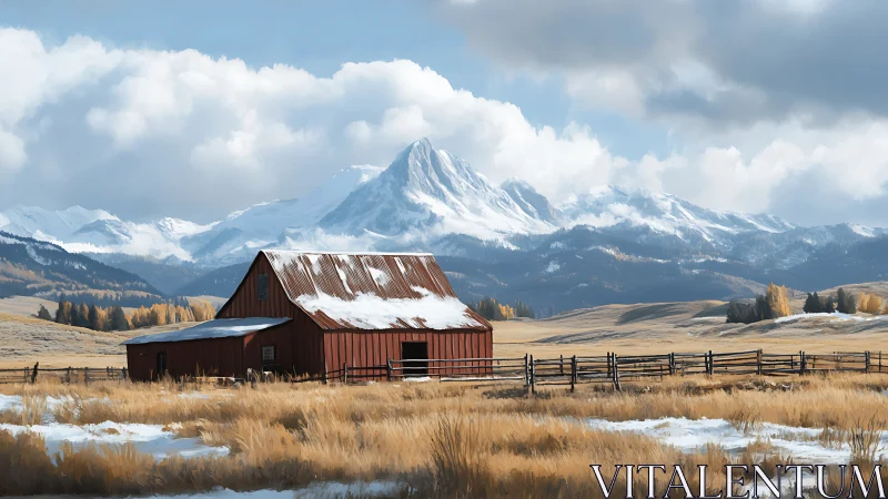 Red barn beneath snowcapped mountain range in soft light.