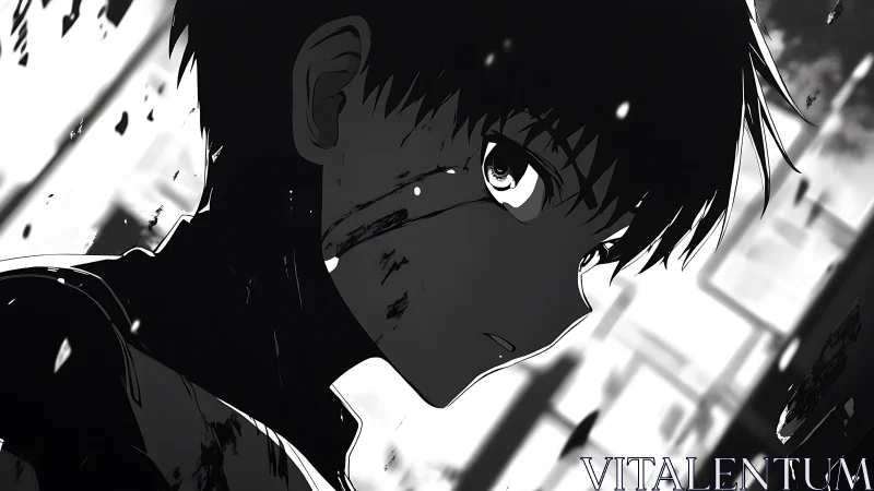 Side profile of injured anime boy in high contrast light.