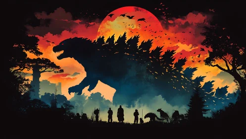 Colossal forest monster silhouetted under a blazing sunset.