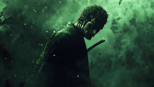 Emerald storm ronin broods within swirling ghostly mist.