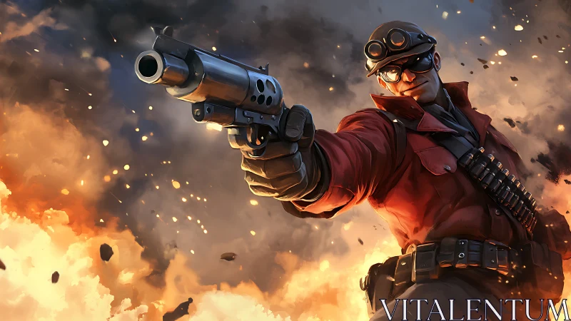 Armed mercenary extends revolver amid cinematic firestorm