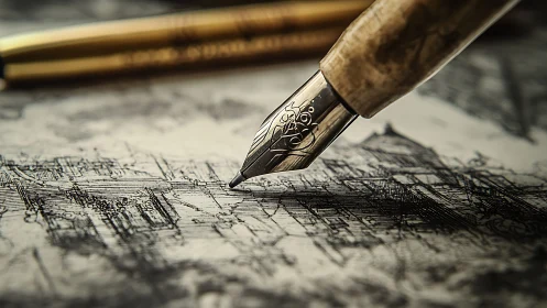 Fountain pen nib drawing detailed sketch on textured paper.