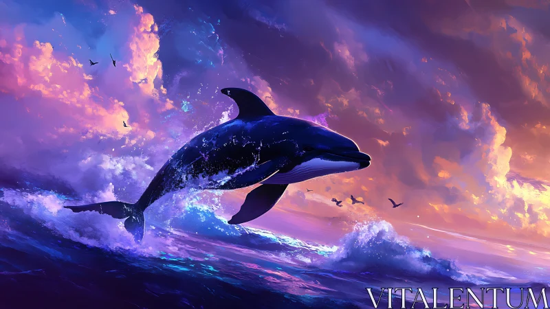 Killer whale breaches neon surf under radiant sunset sky.