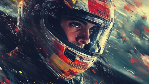 Helmeted racer carves through liquid speed and electric color