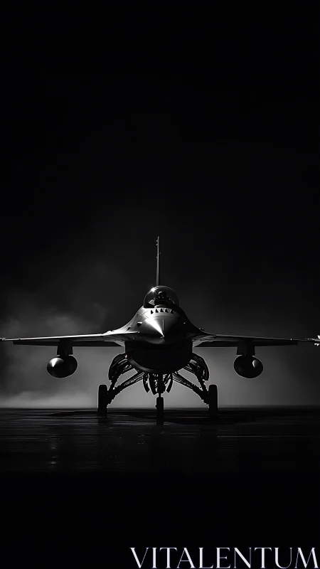 Silhouetted fighter jet poised on runway in stark contrast.