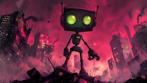 Neon-eyed robot amid crimson apocalyptic cityscape.