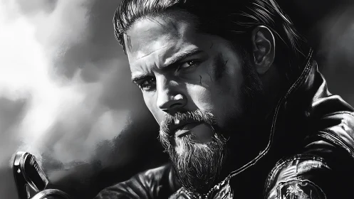 Scarred bearded biker studies weapon in stark monochrome light