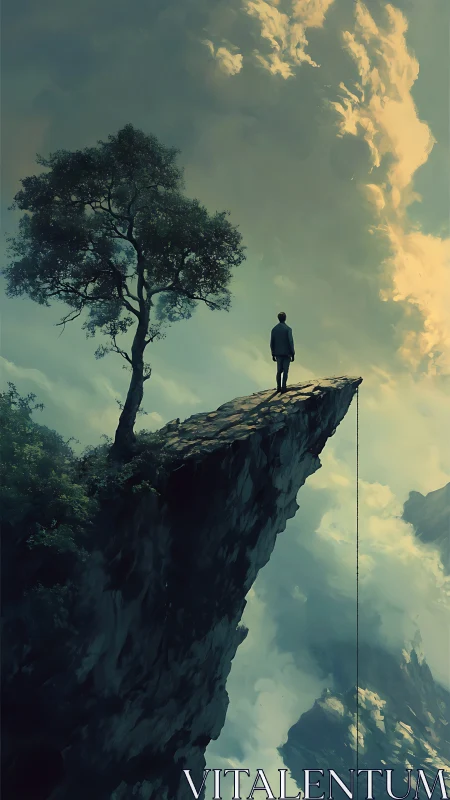 Surreal cliffside figure under dramatic cloud architecture.