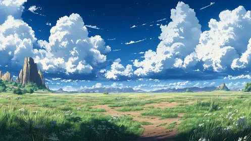 Vast grassy plain stretches under towering summer cumulus clouds