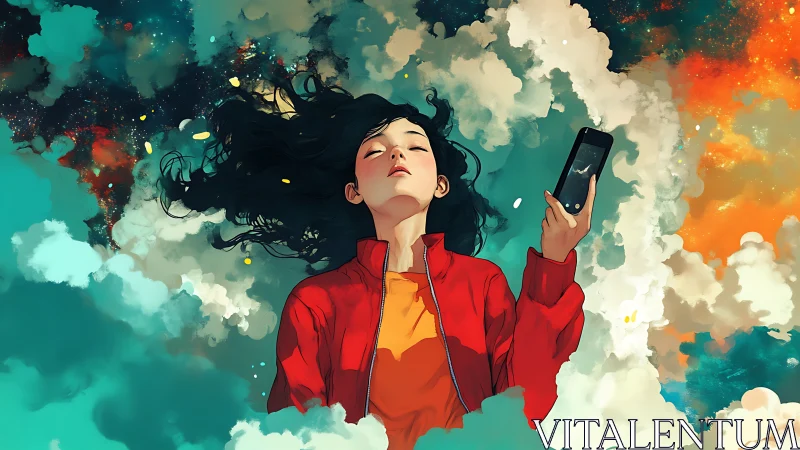 Dreaming girl drifts through digital clouds with phone raised.