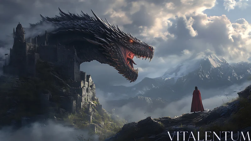 Dragon confronts lone figure beside ruined mountain fortress.