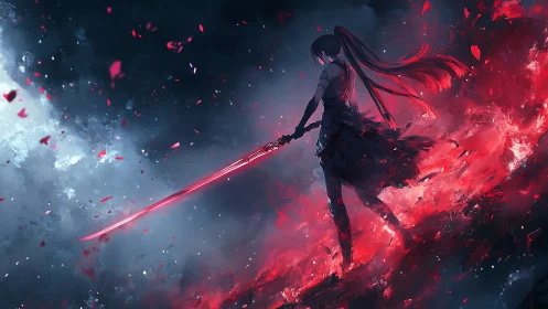 Female swordswoman in red energy field against dark sky.
