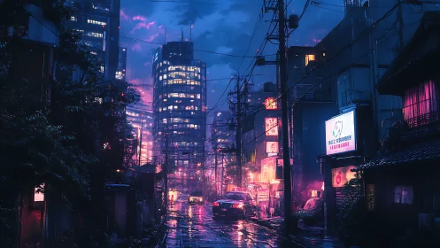 Urban street scene shows wet roadway and illuminated towers