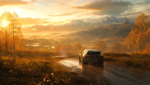 Sports car drives on wet rural road at golden sunset