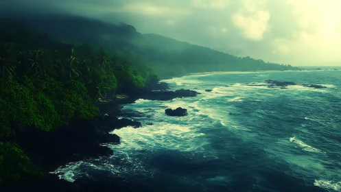 Storm-lit tropical coastline reveals misted rainforest ridge