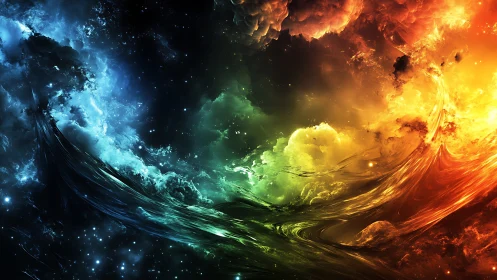 Cosmic tides swirl, painting nebulae in prismatic tempests