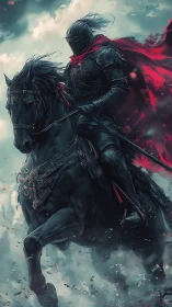 Dark armored knight on black warhorse with red cloak.