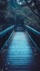 Wooden forest walkway glows under cool twilight tones.