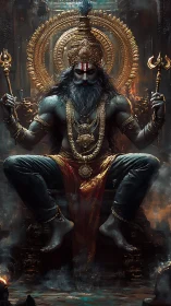 Storm crowned deity seated in molten gold-lit temple hush.