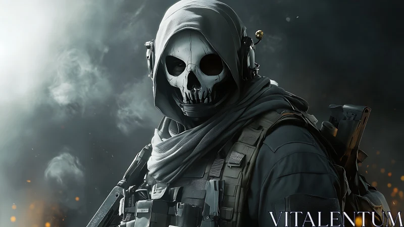 Mysterious masked soldier standing in smoky battlefield calm.