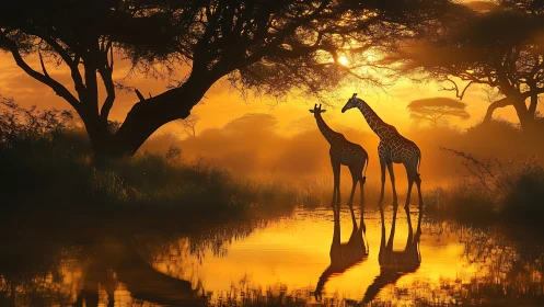 Backlit giraffes in atmospheric savanna hydrological reflection.