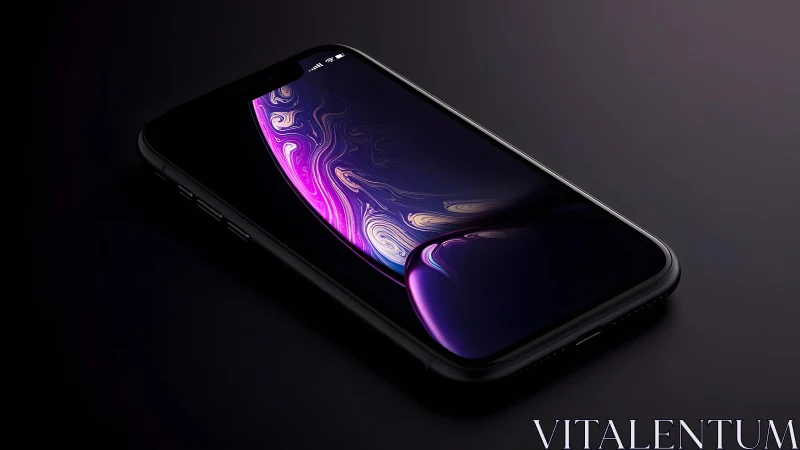 Sleek black smartphone with vibrant abstract screen in studio light.