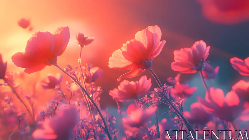 Luminous cosmos flowers bathed in golden sunset glow.