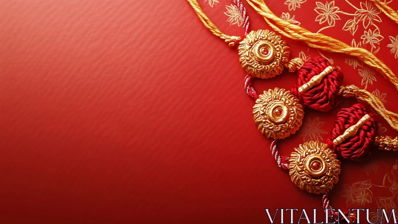 Golden festive rakhis resting on rich red silk warmth.
