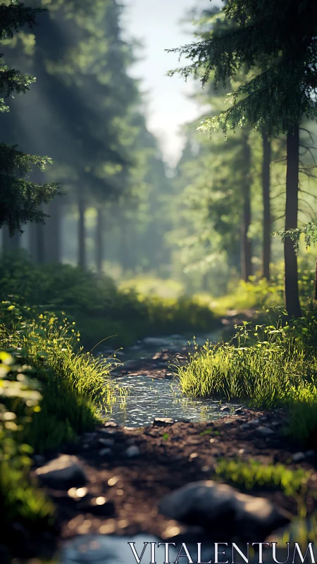 Sunlit Forest Stream: Nature's Peaceful Sanctuary.