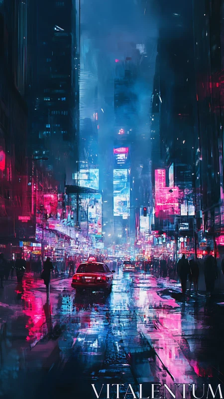 Neon taxi crossing reflective cyberpunk night avenue.