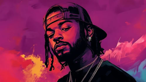 Digital portrait shows man in cap against vivid neon background