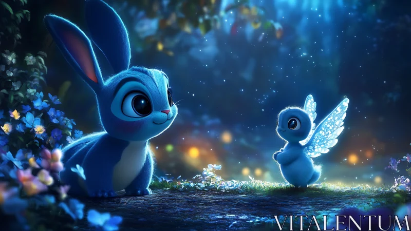 Moonlit forest meeting of blue bunny and fairy bird friends.