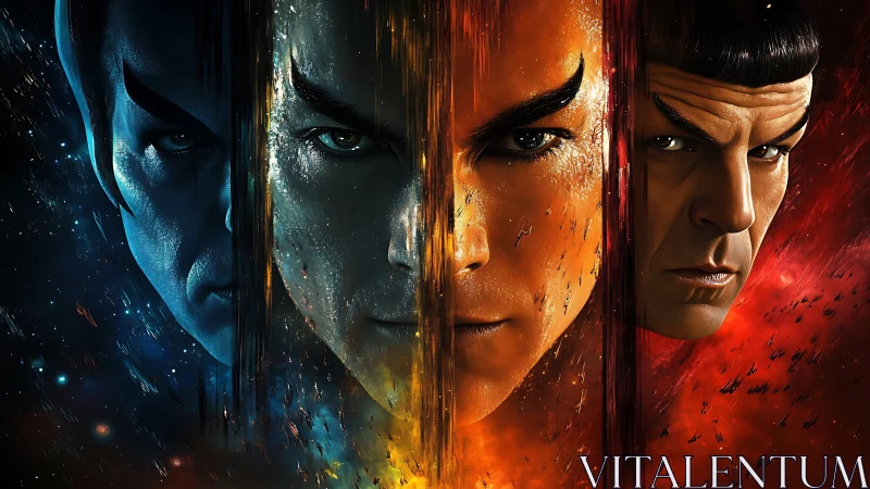 Photorealistic triptych portrait with cosmic chromatic fields.